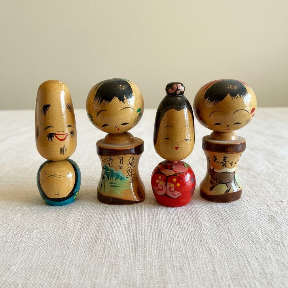 Vintage Japanese Kokeshi Dolls-Set of 4-Miniature Hand Painted Wood-Japan- MCM